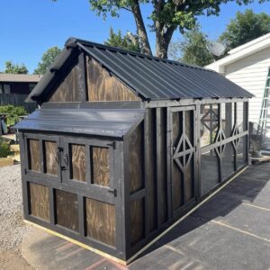 6x6 walk-in coop 10 ft walk-in run Black base with stained panels