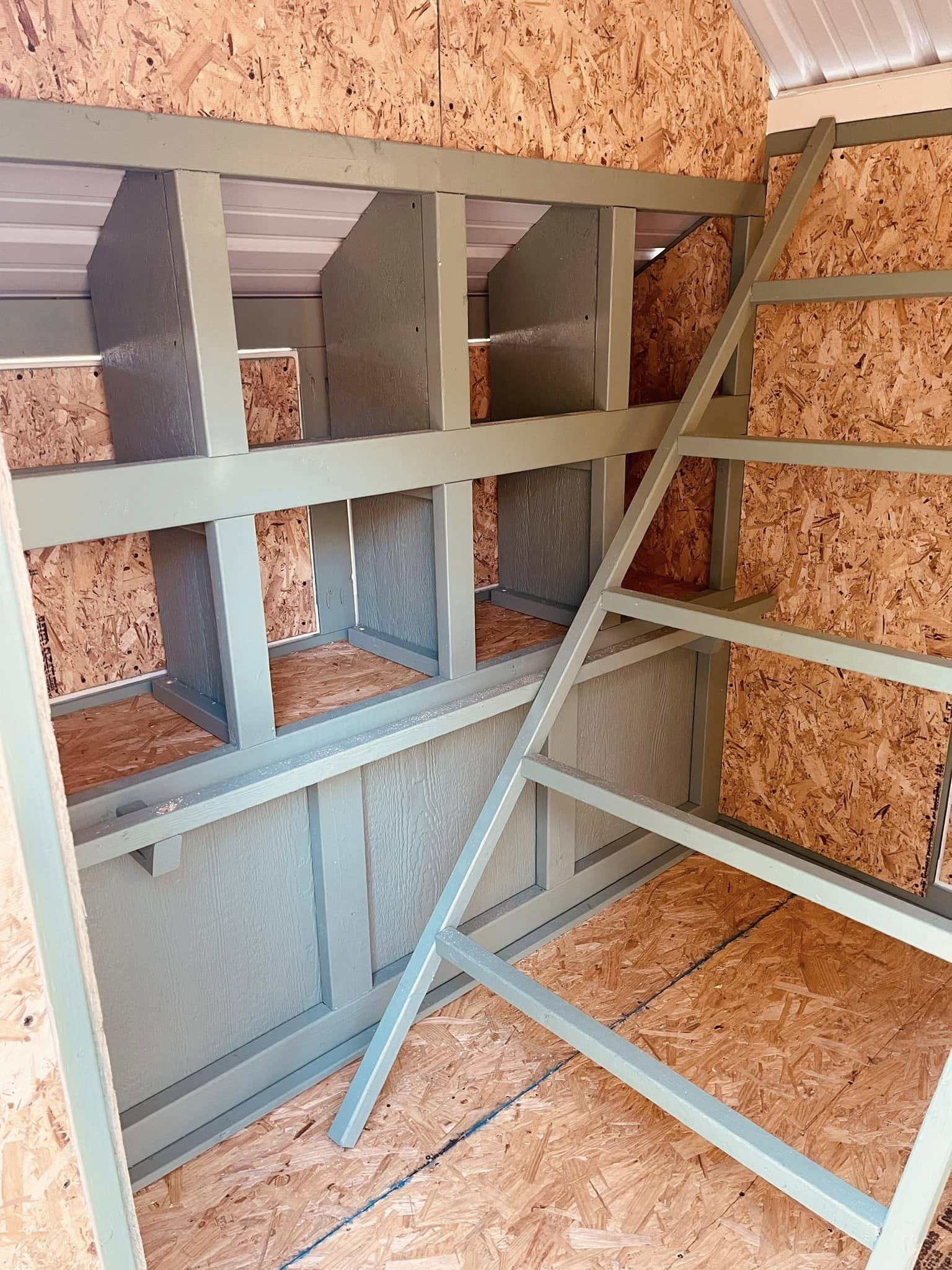 Inside of the chicken coop, you can see the nesting boxes and roosting bars.