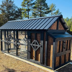 5x5 walk in coop w/black season flex exterior paint & stained panels. Includes two adult coop doors and roosting bars